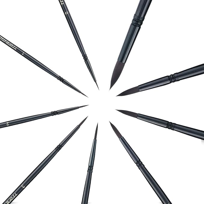 Transon Round Paint Brush Set 9pcs Synthetic Sable Hair for Acrylic Painting Watercolor Painting Gouache Ink Craft and Detail Painting Black Color