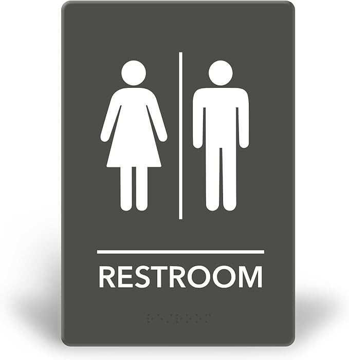 Promot Unisex Bathroom Sign – ADA Braille Restroom Sign for Business, Self-Adhesive, 9" x 6", Commercial Door Signage, Office Wall Decor - Gray