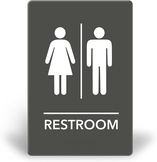 Promot Unisex Bathroom Sign – ADA Braille Restroom Sign for Business, Self-Adhesive, 9" x 6", Commercial Door Signage, Office Wall Decor - Gray