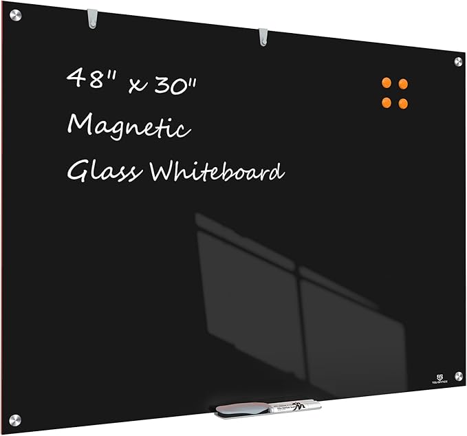 TSJ OFFICE Glass Dry-Erase Board - 48 x 30 Inches Wall Mounted Black Glass Magnetic Whiteboard, Large Frameless White Board for Office, Home & School