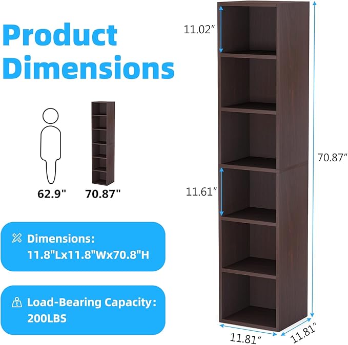 70.9" Wooden Bookshelf, 6-Tier Bookshelf with Open Storage, Corner Bookcase, Display Shelf for Bedroom and Living Room Offices, Walnut