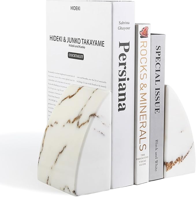 Koville Marble Bookends for Shelves, Large Bookends for Heavy Books, Natural Stone Book Stopper for Books CD Movies, Aesthetic Decorative Book Ends (Oriental Calacatta)