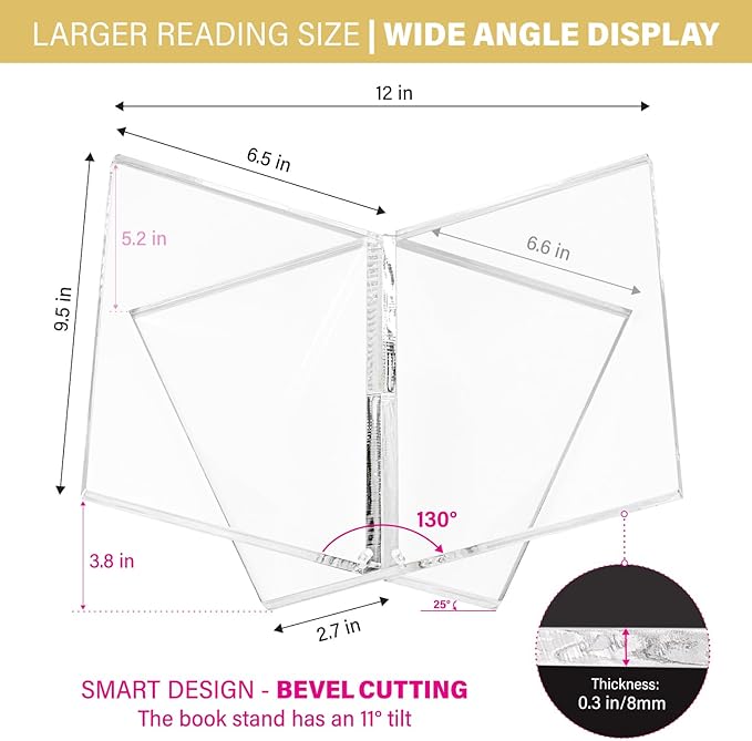 Large Clear Acrylic Book Stand for Reading and Display, Foldable Book Holder for Cookbooks, Art Books, Bibles, Magazines Open Book stand for Kitchen, the front stopper helps prevent books from sliding
