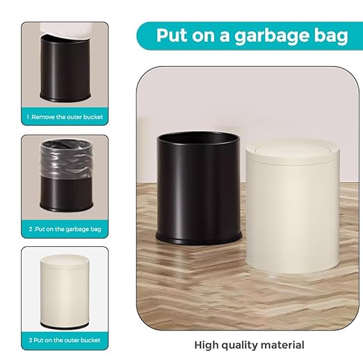 2.3 Gallon/9L White Round Trash Can with Swing Lid, Metal Garbage Can,Modern,Elegant Waste Basket,for Bathroom, Bedroom,Living Room,Office,RV,Home(9L-White)