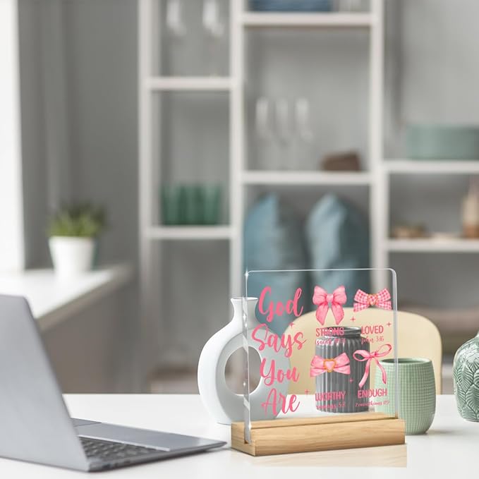 Coquette Dorm Decor, Preppy Pink Bow Bowknot Christian Decor Inspirational Bible Verses Sign Scripture Acrylic Sign Plaque Table Decorations for Home Farmhouse Room