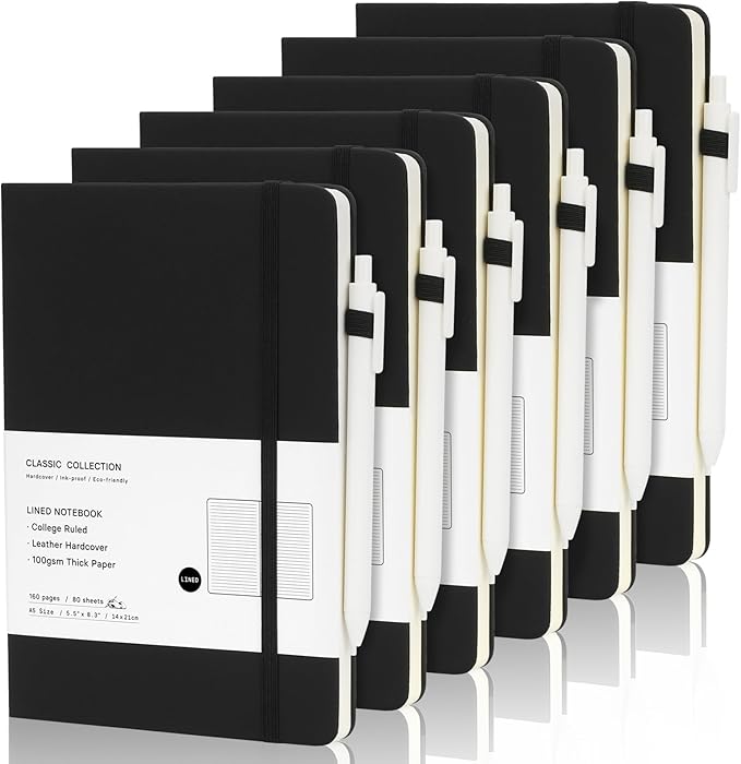 Coopay 6 Pack A5 Journal Notebook with 6 White Pens Bulk Classic Ruled Hardcover Leather Journal Set with Pen Holder for Men Women Writing Office Home School Business, 100GSM, 8.3” x 5.5” (Black)