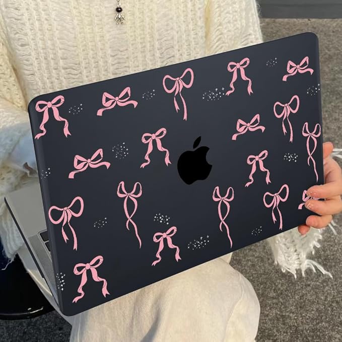 Case for MacBook Air 13.6 inch 2025 2024 2023 2022 M2 M3 M4 Chip Model A3240 A3113 A2681 with Touch ID, Pattern Plastic Hard Shell Cover for MacBook Air 13.6 M4 2025, Pink Bowknot Black