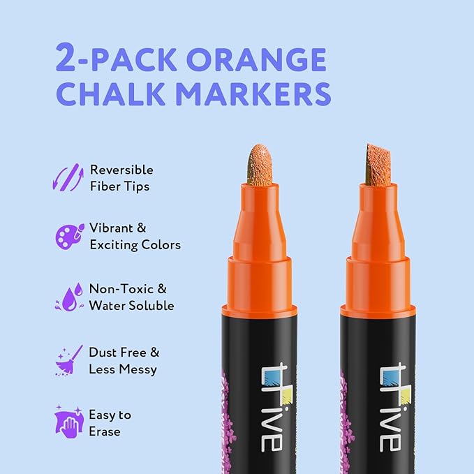 TFIVE Orange Liquid Chalk Markers - 2 Pack Bright Colors Erasable Chalk Marker Pens, Reversible Tip, Non-Toxic, for Chalkboards, Signs, Glass, Easy to use Chalk markers TF800