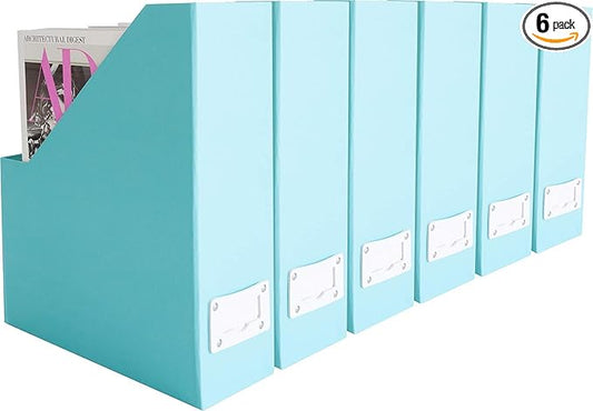 BLU MONACO Set of 6 Foldable Aqua Magazine File Holders with White Leather Label Holders – Cute Book Organizers for Desk, Classroom, Shelves, and Home Office