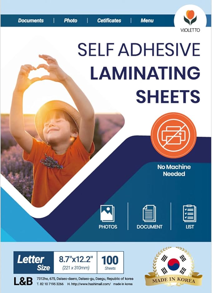 Self Stick Laminating Sheets 8.5 x 11 Inches, 4mil, Pack of 100, No Heat, No Machine, Peel and Stick Laminating Sheets, Self Adhesive Contact Paper, Self Sealing Clear Vinyl Stickers by VIOLLETO