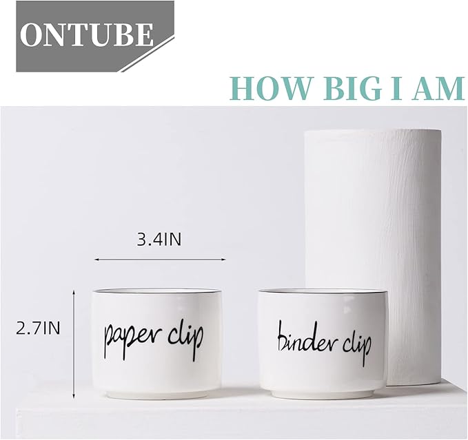 ONTUBE Ceramic Paper Clip Holder and Binder Clip Holder Set Dispenser Organizer for Desk (White)