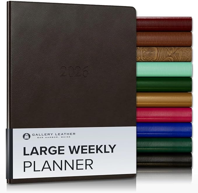 Gallery Leather Large Weekly Monthly Planner 2025-2026, Elegantly Bound Calendar Planner and Notebook with Stylish Gold-Gilded Page Edges, 12 Months - Monhegan Cocoa - 9.75 x 7.5 "