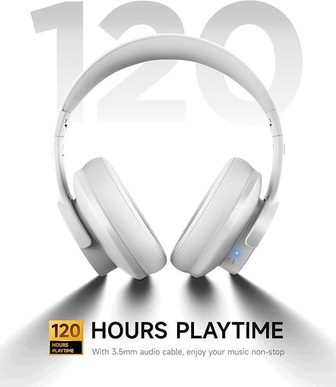 Picun B8 Bluetooth Headphones, 120 Hours Headphone Wireless Bluetooth, Hands-Free Calls, 3EQ & Game Mode, Foldable Headphones Over Ear for Travel Home Office Cellphone PC White