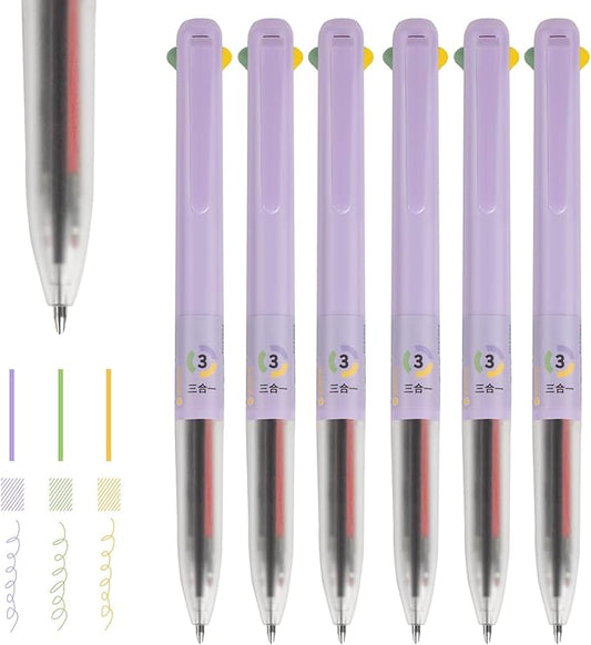 3-in-1 Gel Pens, 6 Pcs 0.5mm Colorful Ink Retractable Pens Fine Point Smooth Writing Pens, Cute Pens Nurse Teacher Office Supplies Gifts for Women (Taro Purple, Dark Leaf Green, Mango Yellow)