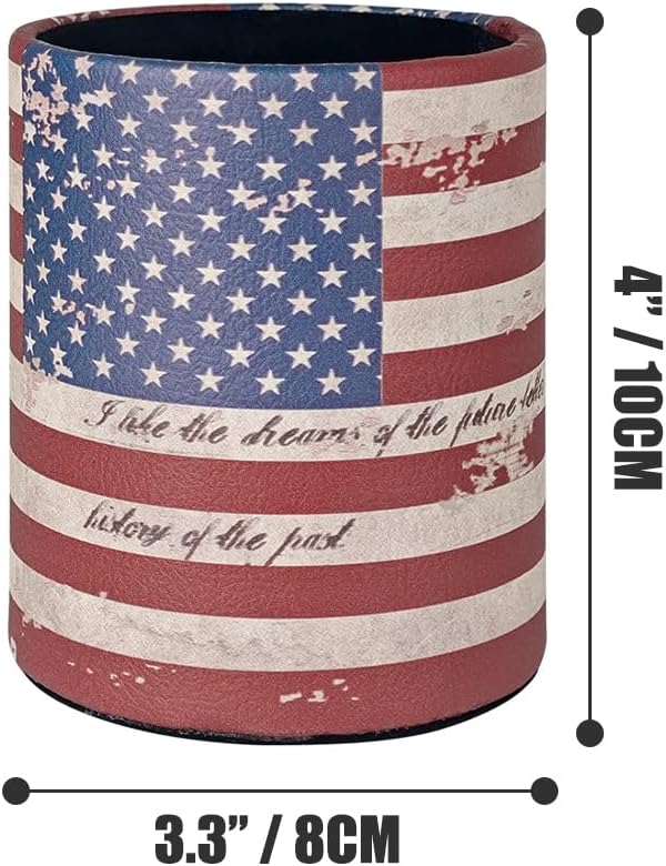Pen Pencil Holder Cup Container PU Leather Desk Organizer Stand Decor Brush Scissor Holder Decoration Office Desk Home School (3.3" x 3.3" x 4", US Flag)