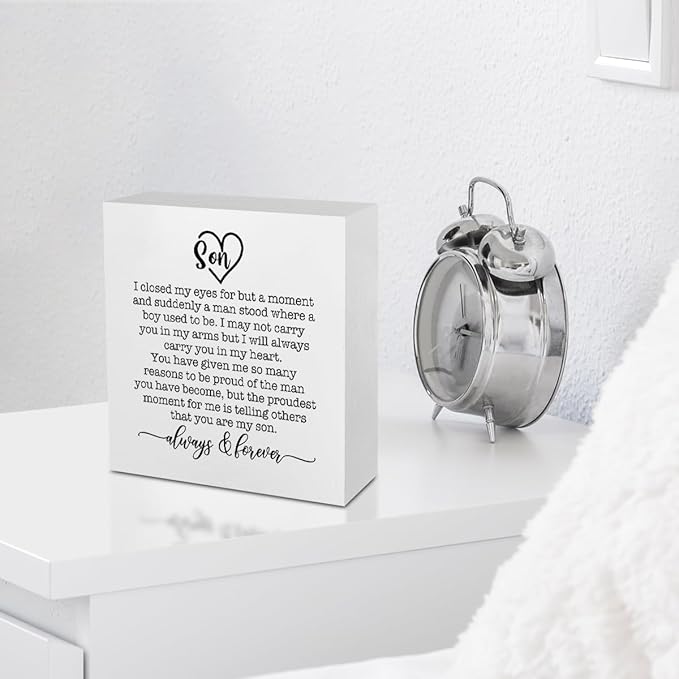 Inspirational Son Gifts from Mom Office Supplies Rustic Desk Decor Motivational Son Birthday Gifts White Wooden Box Sign Farmhouse Wood Plaque Cubicle Accessories Home Shelf Table Counter Decorations