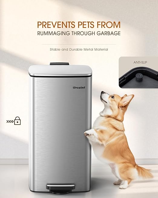 Lovewind Kitchen Trash Can with Lid, 8 Gallon/30 L Footstep Garbage Can for Kitchen Bedroom Home Office, 30 Liter Trash Bin Brushed Stainless Steel Waste Bin with Soft-Close Lid,Silver