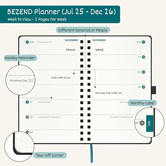 BEZEND Pocket Planner 2026 Weekly and Monthly (3.5" x 6"), 2-Column Calendar Book for Purse (Jul 25-Dec 26), Dual Schedule for Daily Appointment, Spiral Bound, PU Leather Softcover, Lilac