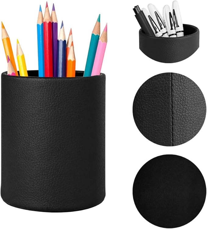 Pen Holder for Desk Pencil Organizer Cute Cup Holders Aesthetic (Black, 3.94" x3.15" x3.15")