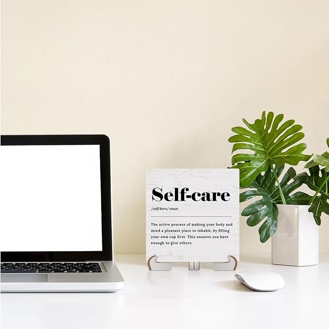 Self Care Definition Wood Sign Desk Decor Motivational Mental Health Rustic Office Cubicle Decor Inspirational Quotes Plaque with Wooden Stand Therapist Office Desk Accessories for Home Table Shelf