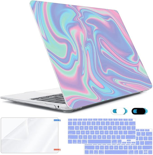 Compatible with MacBook Air 13 inch Case 2022 2021 2020-2018 Release M1 A2337 A2179 A1932 with Touch ID, Hard Print Case + Keyboard Skin + Webcam Cover + Screen Protector, Abstract Liquid