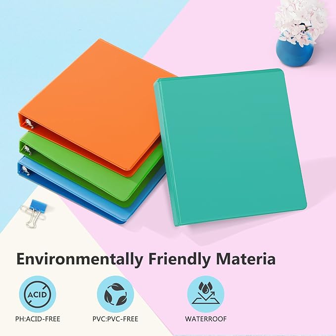 ViVin Durable 1 Inch D Ring Binders, 3 Ring Binders with 2 Pockets, Hold 225 Sheets of US Letter Size Paper - 6 Pack (Assorted)