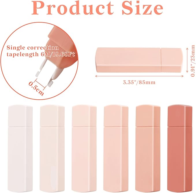 Temiary 6Pcs Mini White Correction Tapes, Quick Dry Smooth Pull Out for Writing, Aesthetic Cute Correction Tape Set Easy To Use for Students School Office Supplies (Pink)