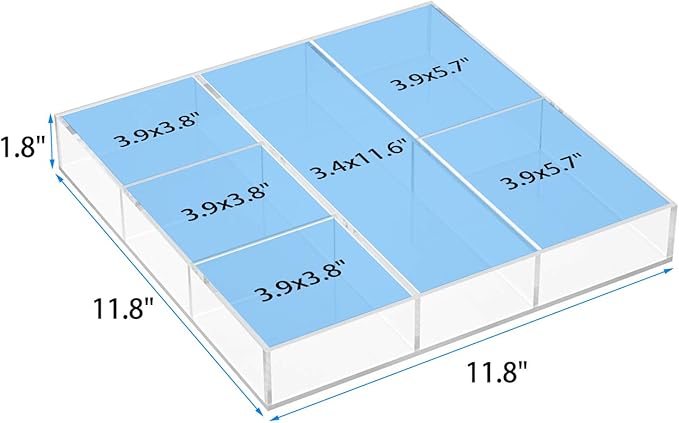 HIIMIEI Acrylic Drawer Organizer, 6 Section Clear Makeup Tray Organizer for Drawer Office Bedroom(11.8x11.8 inch)