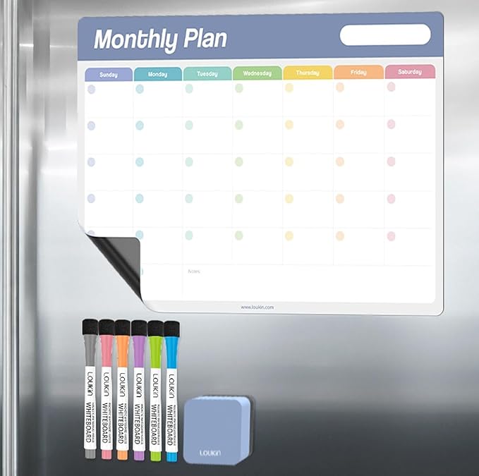 Loukin 17"x11.8" Monthly Dry Erase Calendar, Electrostatic Clings to All Shiny Surface, Reusable Whiteboard Planner Schedule for Refrigerator, Office, Classroom, 6 Magnetic Markers & 1 Eraser Included