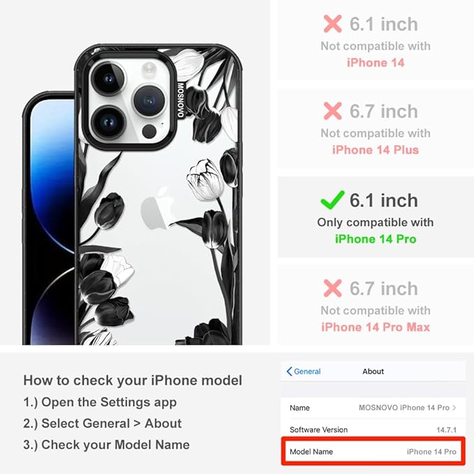 MOSNOVO Case for iPhone 14 Pro, [10ft 4X Military-Grade Drop Protection] Durable & Shockproof Phone Case Cover Design for iPhone 14 Pro - Black White Tulips - Clear Black