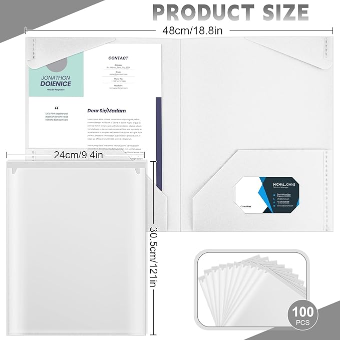 Henoyso 100 Pcs Plastic Folders with Clear Front Pockets Bulk Heavy Duty File Folders with 2 Pockets and Card Slot for Student Teacher Back to School Supplies Office Presentation (White)
