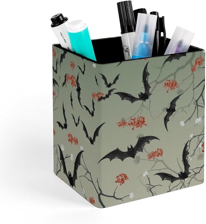 Square Pen Holder & Pencil Organizer for Desk - Office Storage Organizer, Markers/Makeup Brushes/Scissors Holder, Compact Desk Decor Accessories for Home Classroom School(Bat)