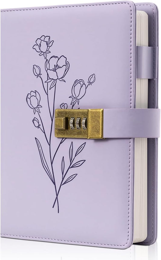 Lock Diary for Women Diary with Lock for Girls A5 Leather Locked Journal 260 Pages 100 GSM Refillable Journal with Lock for Teens Secrets Flower Journals with Combination Passwords, 5.7"x8.3", Purple