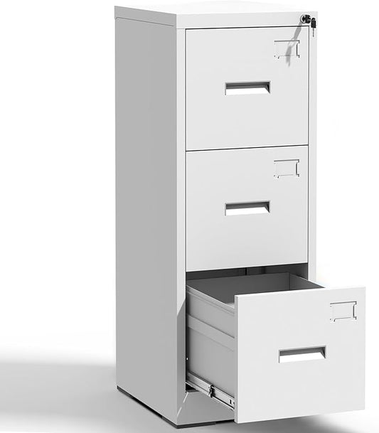 3 Drawer File Cabinets with Lock, White Vertical Filing Cabinet for Home Office, Heavy Duty Metal Storage Cabinets Office Steel Cabinet for Letter Legal Size Files, Assembly Required