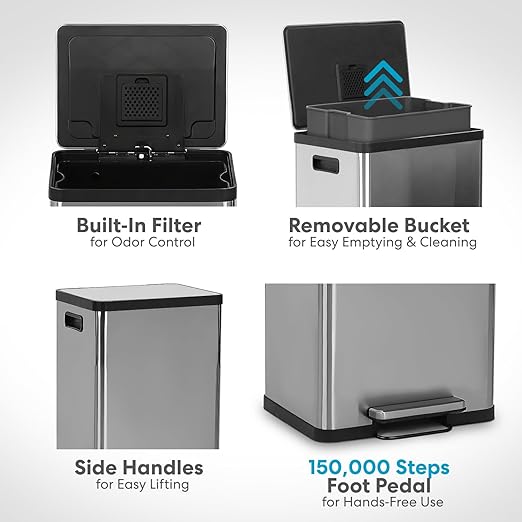 SIMPLI-MAGIC 50 Liter / 13.2 Gallon Soft-Close, Smudge Resistant Trash Can with Foot Pedal and Built in Filter- Stainless Steel, Sleek Finish