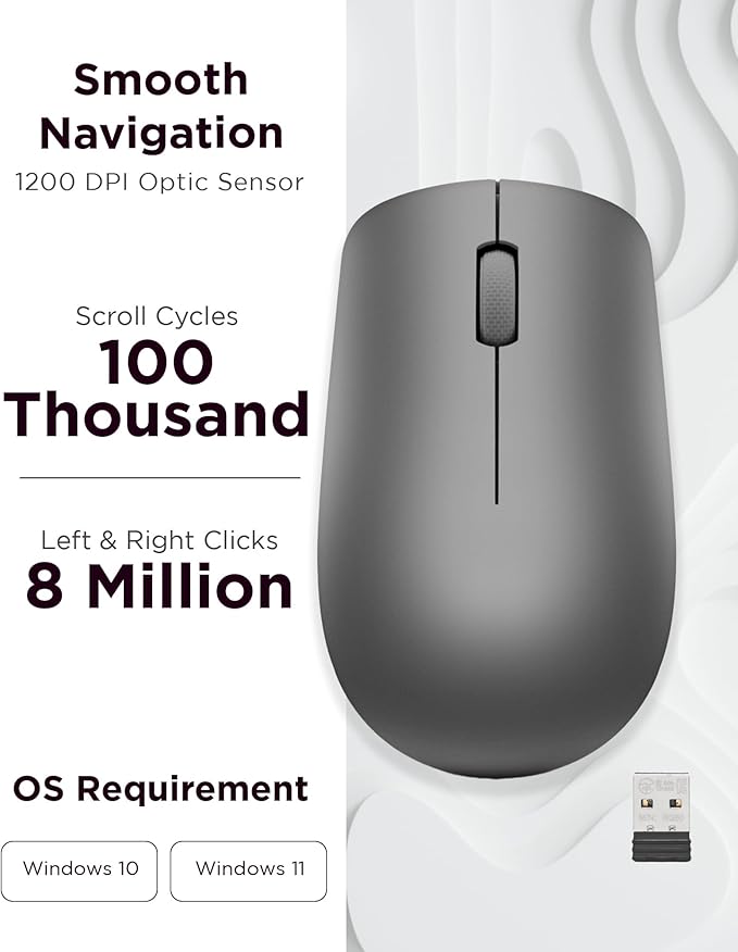 Lenovo 530 Full Size Wireless Computer Mouse for PC, Laptop, Computer with Windows - 2.4 GHz Nano USB Receiver - Ambidextrous Design - 12 Months Battery Life - Graphite Grey