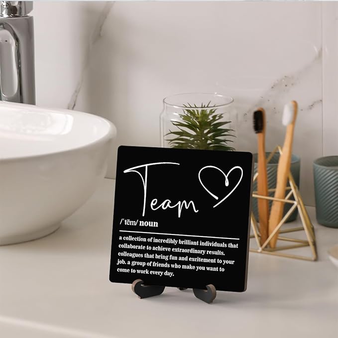 Wooden Table Sign Gift Team Definition Desk Decor Wood Plaque With Stand Team Gift for Boss Employees Women Best Mom Coworker Office(Black)-A14
