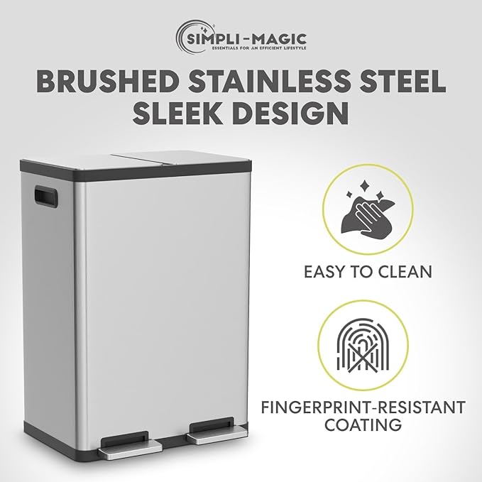 Simpli-Magic 16 Gallon (30L x 30L) Dual Compartment Step Trash Can – Kitchen Garbage Can with Slow-Close Lids – Waste & Recycling Bins, Odor Control, Hands-Free, Easy to Clean, Stainless Steel