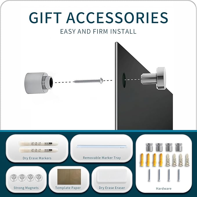 Magnetic Whiteboard, Black Dry Erase Board 4' x 3', Tempered Glass White Board Frameless, Home School Supplies or Home Office Decor with Magnets, Markers, Eraser, Marker Tray