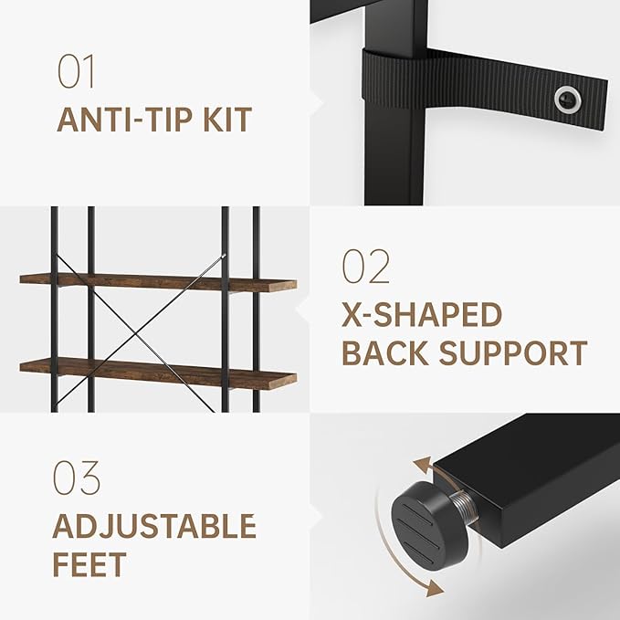 4 Tier Bookcase, 47 Inch Wide Wood Bookshelf, 120lbs Shelf Capacity, Rustic Open Shelving Industrial Display with Reinforced Horizontal Brown Shelves for Living Room Bedroom Office