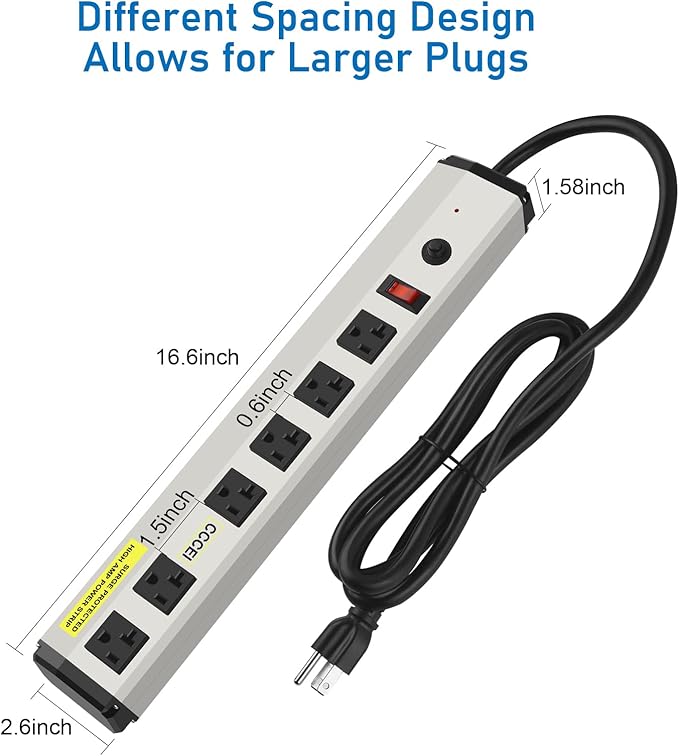 CCCEI Heavy Duty Power Strip Surge Protector 20 Amp, High Amp Industrial Shop Garage Metal Multiple Outlets, 6 FT 12 Gauge 5-15P Extension Cord 6 Outlet 6-20R T-Slot 20a for Appliance.