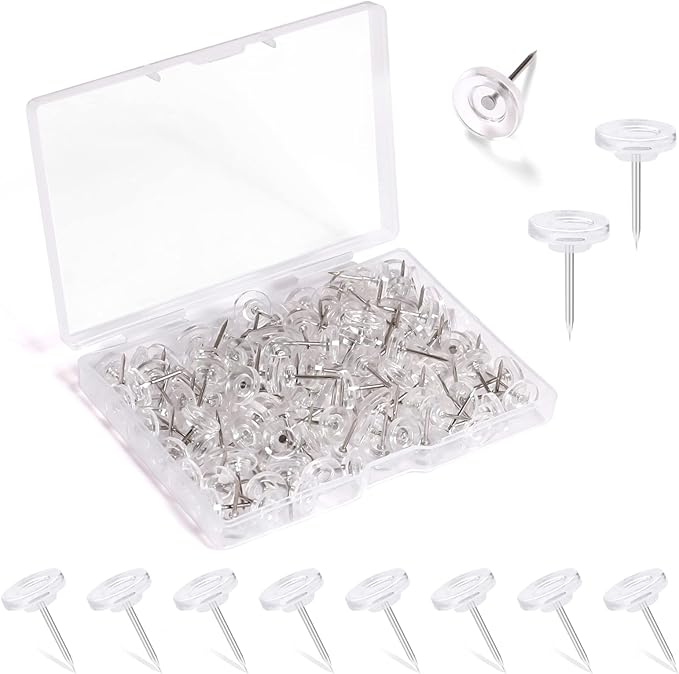 150 PCS Push Pins, Standard Plastic Head Steel Point Thumb Tacks, Clear Round Head for Bulletin Boards, Fabric Markers & Crafts Organization