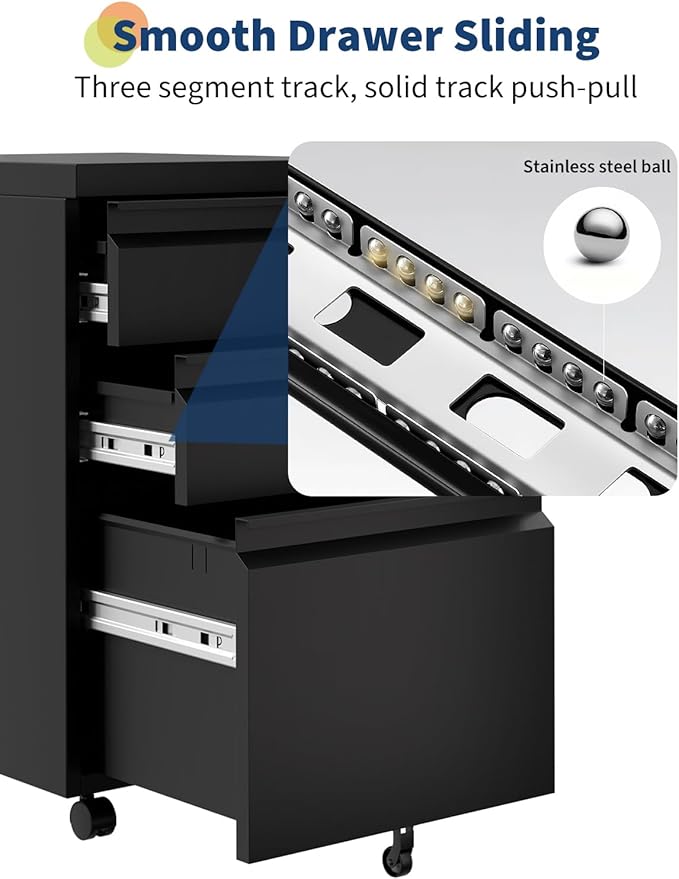 GarveeHome 3-Drawer Mobile File Cabinet with Lock Keys | Under Desk Lateral Storage Fits Legal Letter A4 | Adjustable Shelf, Easy Assembly Office Home Workspace - Dark Black