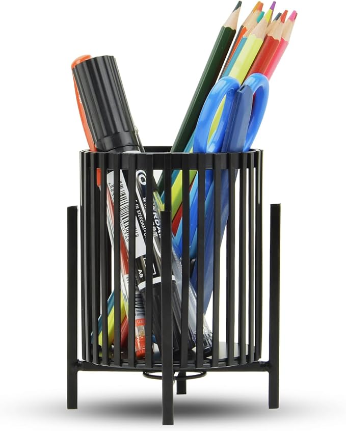 Black Pen Holder Cup for Desk, Black Metal Pencil Holder, Premium Metal Pen Cup Pencil Holder Marker Holder, Desk Accessories Organizer for Home & Office