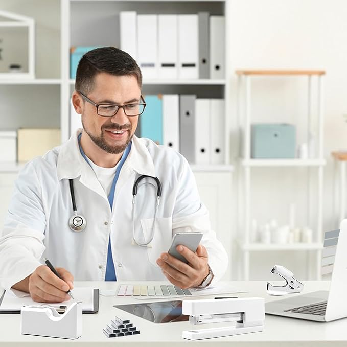 White Office Supplies, UPIHO White Desk Accessories, Stapler and Tape Dispenser Set for Women with Stapler,Tape Dispenser, Staple Remover, Staples,Scissor and Tabs for Students Office Clerks