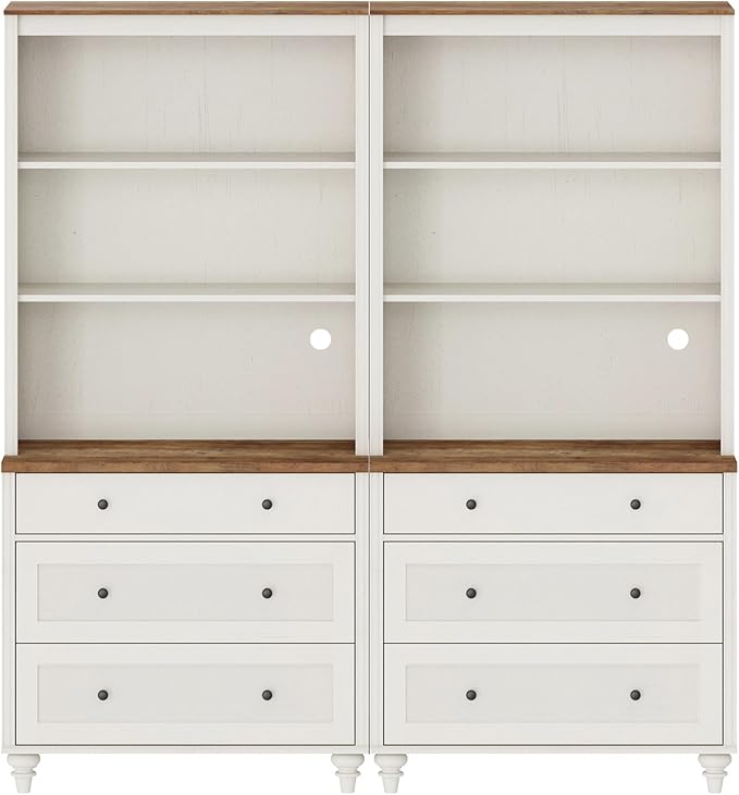 3 Tier Bookshelf with 3 Drawers, 72" Tall Bookcase Large Farmhouse Display Book Case Shelf with 3-Tier Open Book Shelfs，Library Wood Bookshelves for Living Room & Kitchen & Bedroom, Off White, 2 PCS