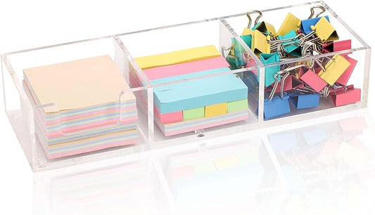 Acrylic 3in1 Sticky Note Holder Desk Organizer, 11.8" x 3.9" x 2.3" Self-Stick Memo Pad Dispenser for School Office Home Post Bank with 3 Compartments (DP003)