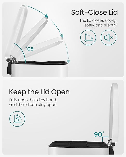 SONGMICS 13 Gallon (50 L) Trash Can, Stainless Steel Kitchen Garbage Can, Recycling or Waste Bin, Soft Close, Step-On Pedal, Removable Inner Bucket, White ULTB050W01