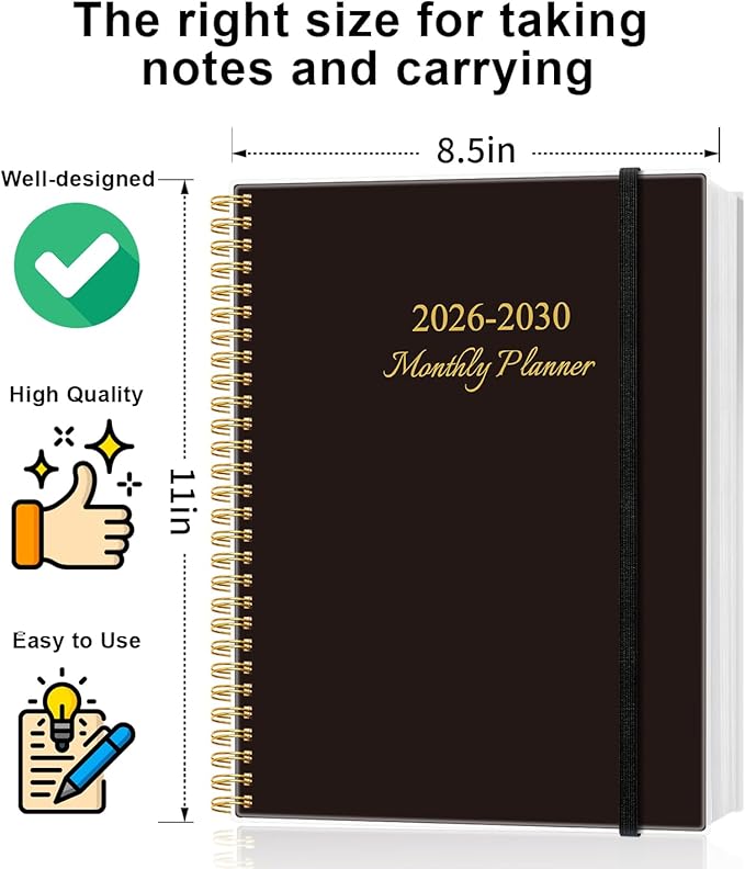 2026-2030 Monthly Planner - 60 Month PLanner Calendar from January 2026 to December 2030, 5 Year Planner 2026-2030 with Flexible Cover, Inner Pocket, Perfect for Home | School | Office, 8.5" x 11", Black