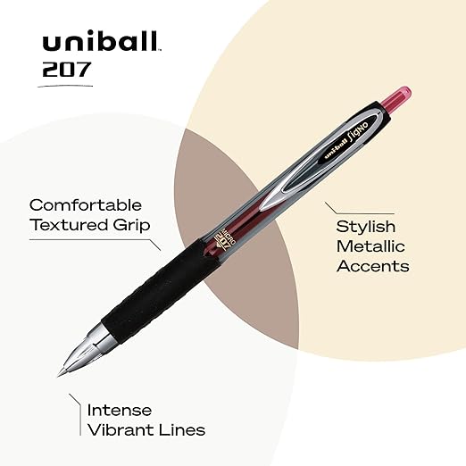 uniball Signo 207 Gel Pen, Retractable, Micro 0.5 Mm, Red Ink, Smoke/black/red Barrel, Dozen